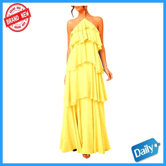 Ruffle Halter Maxi Dress Formal Wedding Guest Polyester Flowy
